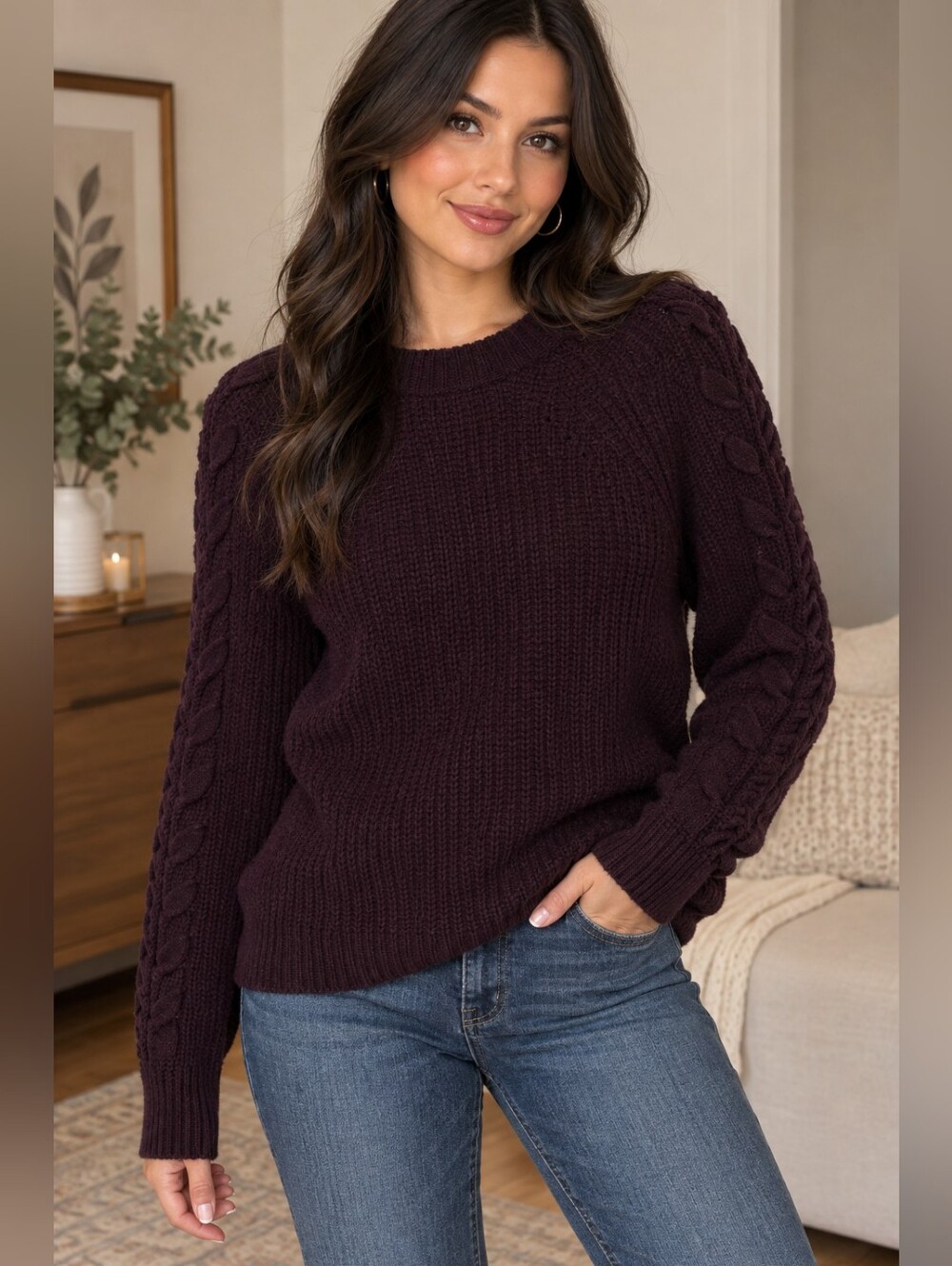 Time and Tru Women's Cable Knit Crewneck Sweater - Deep Wine